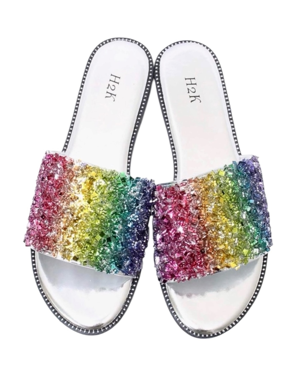 Beaded Sparkly Slides Sandals Rainbow Colorful Women's Shoes Flip Flops Size 7